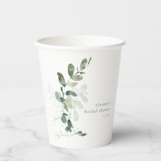 Moderne Botanische Eucalyptus Aangepaste Bruidsdou Papieren Bekers (Voorkant)