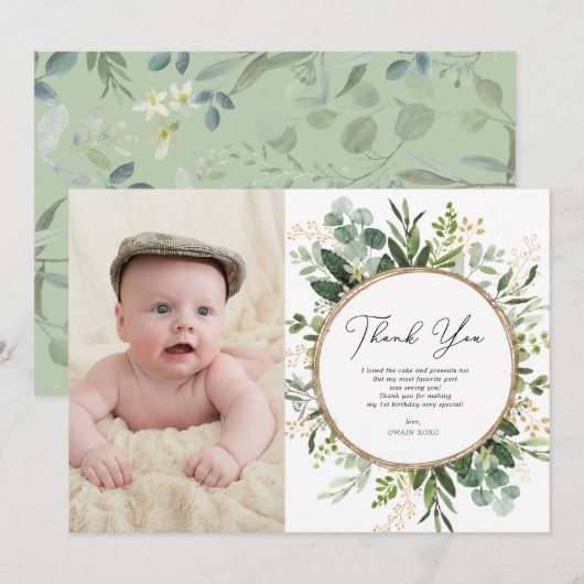 Moderne botanische Eucalyptus Greenery 1e verjaard Bedankkaart (Voorkant / Achterkant)