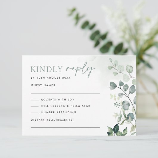 Moderne botanische Eucalyptus Greenery Wedding RSV Kaart (Staand voorkant)
