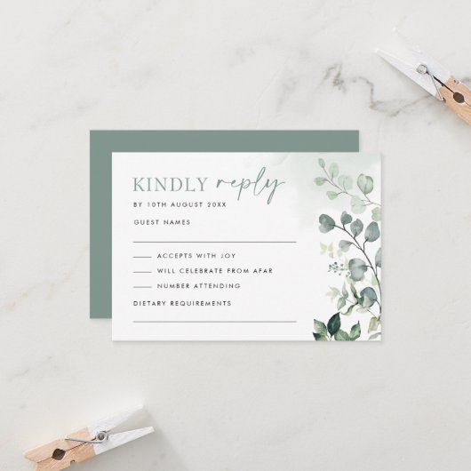 Moderne botanische Eucalyptus Greenery Wedding RSV Kaart (Voorkant / Achterkant in situ)