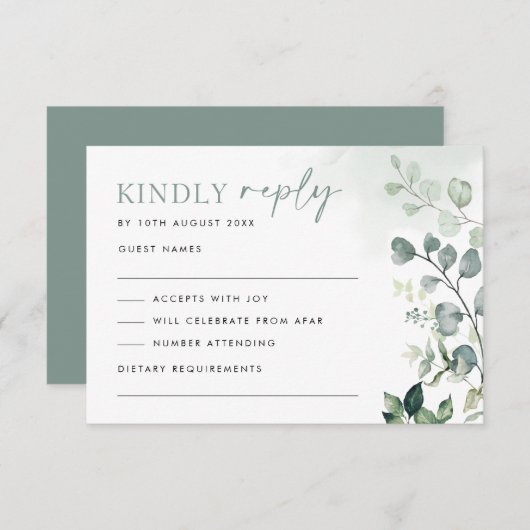 Moderne botanische Eucalyptus Greenery Wedding RSV Kaart (Voorkant / Achterkant)