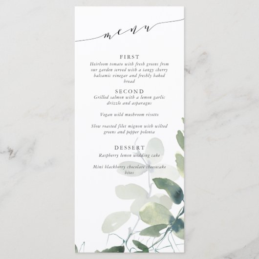Moderne Botanische Eucalyptus Weddenschap Aangepas Menu (Voorkant)