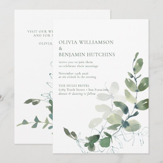 Moderne botanische eucalyptus Weddenschap RSVP onl Kaart (Voorkant / Achterkant)