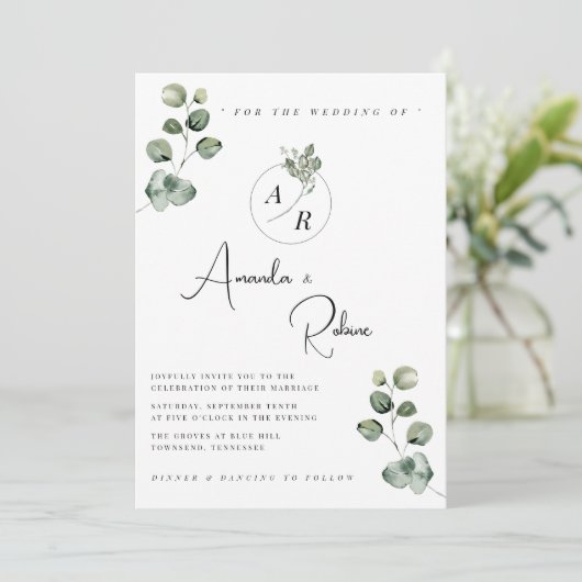Moderne botanische eucalyptusbruiloft kaart (Staand voorkant)