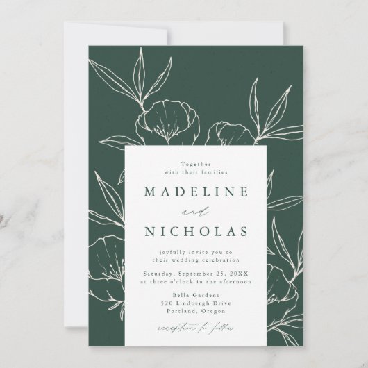 Moderne botanische flora donkergroen en roomhuweli kaart (Voorkant)