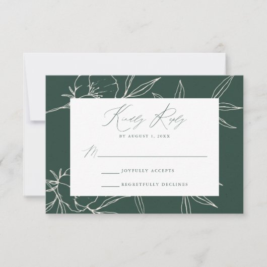 Moderne botanische flora donkergroen en roomhuweli RSVP kaartje (Voorkant)