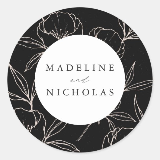 Moderne botanische Floral Black & Cream Wedding Ronde Sticker (Voorkant)