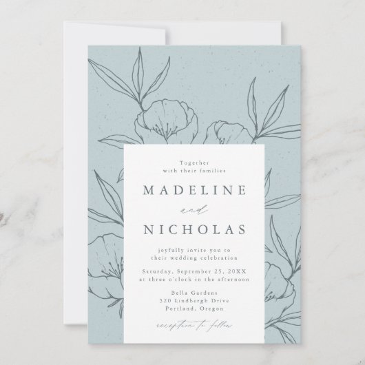 Moderne botanische Floral Blue & Slate Navy Weddin Kaart (Voorkant)