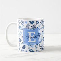 Moderne botanische folk Art Blue White Monogram na
