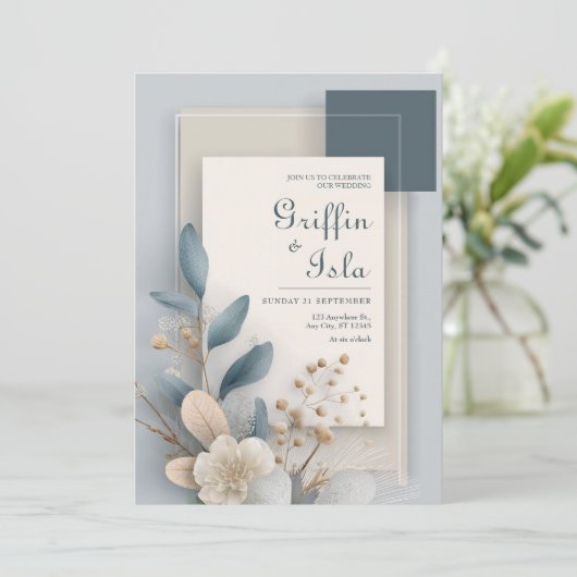 Moderne botanische geometrische blauwe en beige br kaart (Staand voorkant)