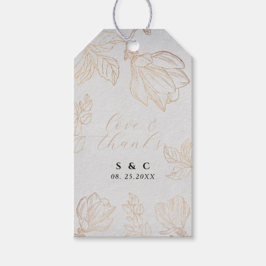 Moderne Botanische Gouden Bloemen Grijze Huwelijk Cadeaulabel (Voorkant)