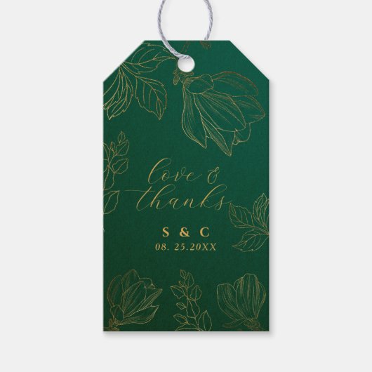 Moderne Botanische Gouden Bloemen Groene Bruiloft Cadeaulabel (Voorkant)