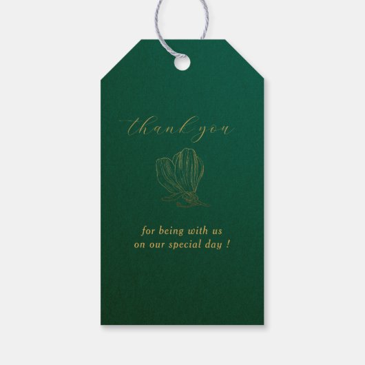 Moderne Botanische Gouden Bloemen Groene Bruiloft Cadeaulabel (Achterkant)