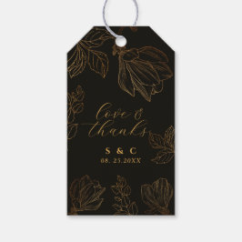 Moderne Botanische Gouden Bloemen Zwart Bruiloft Cadeaulabel