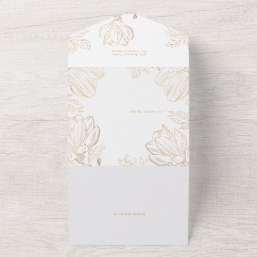 Moderne Botanische Gouden Natuur Bloemenbruiloft All In One Uitnodiging (Buitenkant)