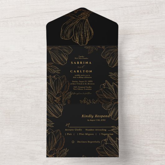 Moderne Botanische Gouden Natuur Bloemenbruiloft All In One Uitnodiging (Binnen)