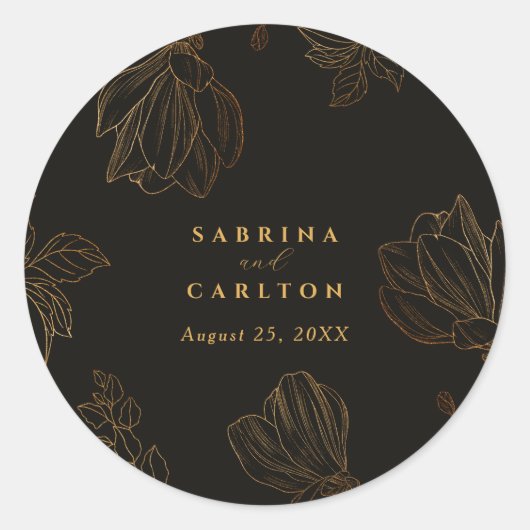 Moderne Botanische Gouden Natuur Bloemenbruiloft Ronde Sticker (Voorkant)