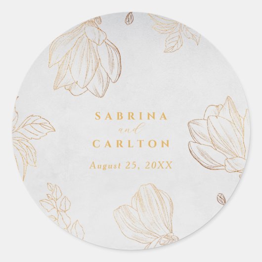 Moderne Botanische Gouden Natuur Bloemenbruiloft Ronde Sticker (Voorkant)