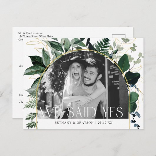 Moderne Botanische Greenery QR code foto bruiloft Aankondigingskaart (Voorkant / Achterkant)