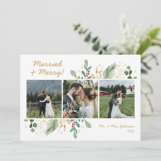 Moderne Botanische Groen 3 Foto Getrouwd & Blij Feestdagenkaart (Staand voorkant)