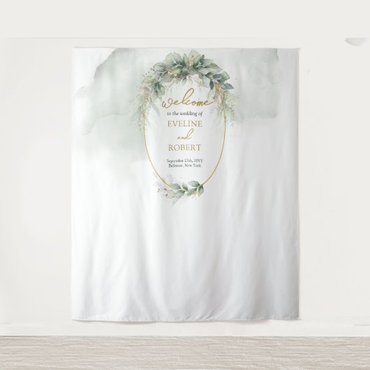 Moderne botanische groen blad gouden ovale achterg wandkleed (Voorkant)