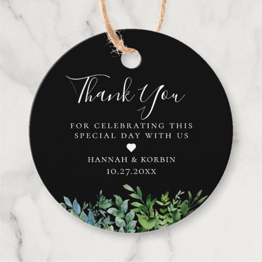 Moderne Botanische Groen Zwarte Bruiloft Bedankjes Labels (Voorkant)