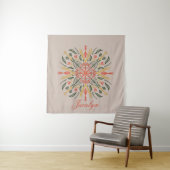 Moderne botanische groene boho oranje mandala naam wandkleed (In situ)