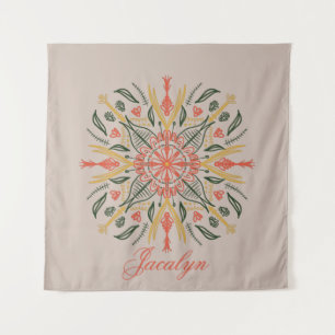 Moderne botanische groene boho oranje mandala naam wandkleed