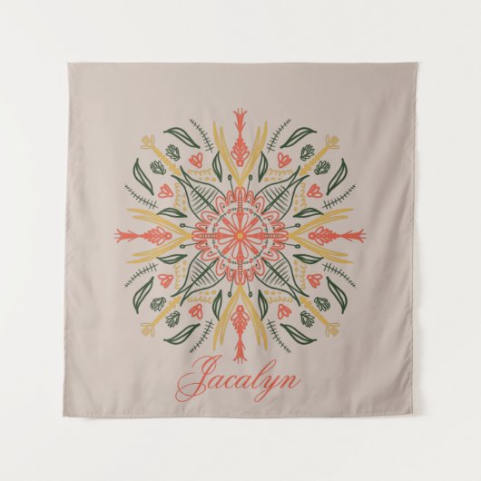 Moderne botanische groene boho oranje mandala naam wandkleed (Voorkant)
