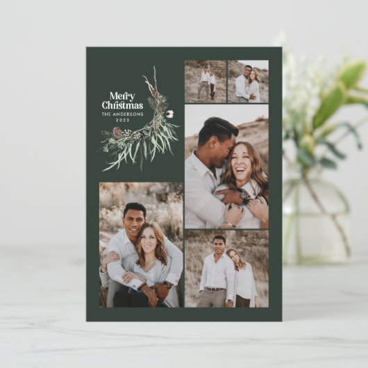 Moderne botanische groene chic met meerdere foto's feestdagenkaart (Staand voorkant)