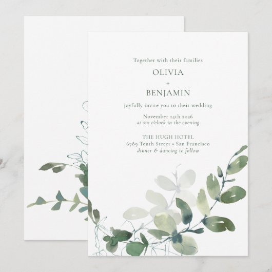Moderne botanische groene eucalyptusbruiloft kaart (Voorkant / Achterkant)