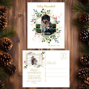 Moderne botanische groene foto Feliz Navidad Feestdagenkaart