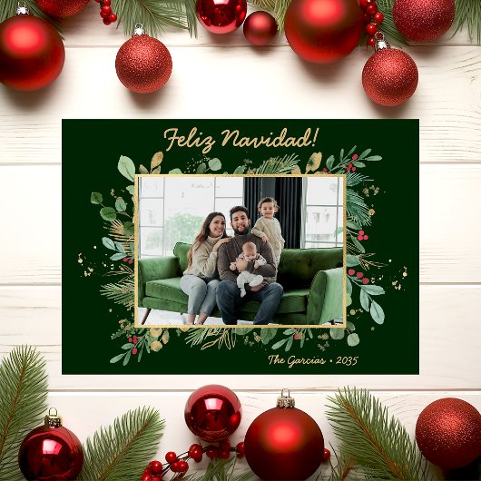 Moderne botanische groene foto Feliz Navidad Feestdagenkaart