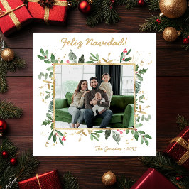 Moderne botanische groene foto Feliz Navidad Feestdagenkaart