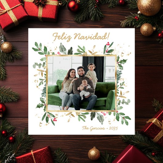 Moderne botanische groene foto Feliz Navidad Feestdagenkaart