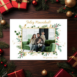 Moderne botanische groene foto Feliz Navidad Feestdagenkaart