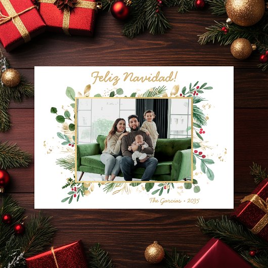 Moderne botanische groene foto Feliz Navidad Feestdagenkaart