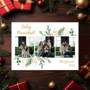 Moderne botanische groene foto Feliz Navidad Feestdagenkaart