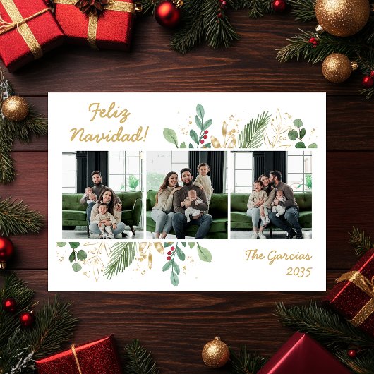 Moderne botanische groene foto Feliz Navidad Feestdagenkaart