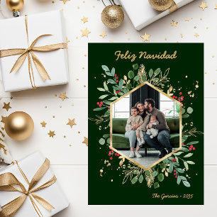 Moderne botanische groene foto Feliz Navidad Feestdagenkaart