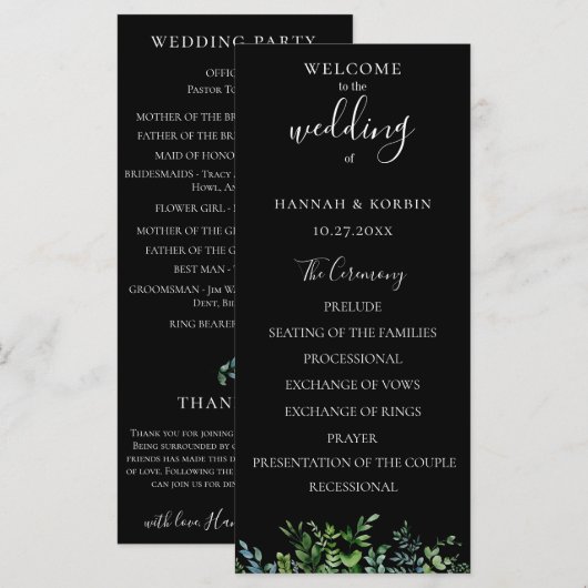 Moderne Botanische Groene Huwelijk Programmakaart (Voorkant / Achterkant)