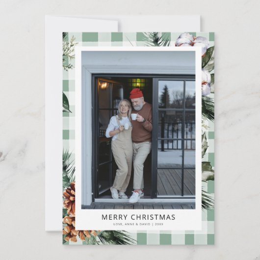 Moderne Botanische Groene Plaid Foto Kerst Kaart (Voorkant)