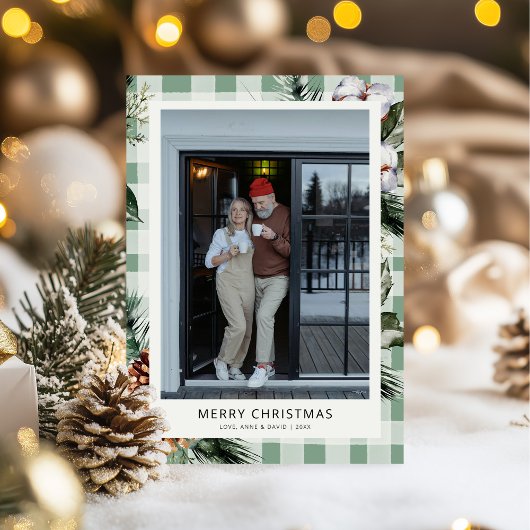 Moderne Botanische Groene Plaid Foto Kerst Kaart