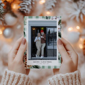 Moderne Botanische Groene Plaid Foto Kerst Kaart