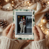 Moderne Botanische Groene Plaid Foto Kerst Kaart