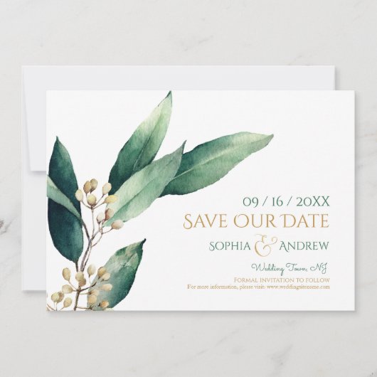 Moderne botanische groene planten rustieke save th the date (Voorkant)