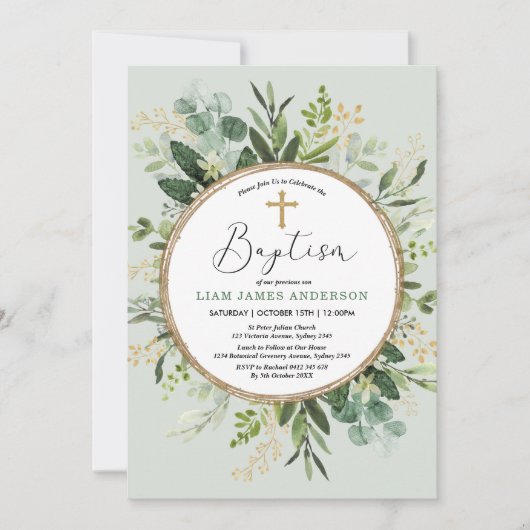 Moderne botanische groenery Gold Wreath Baptisme Kaart (Voorkant)