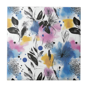 Moderne Botanische in Magenta Blauw & Mosterd Tegeltje