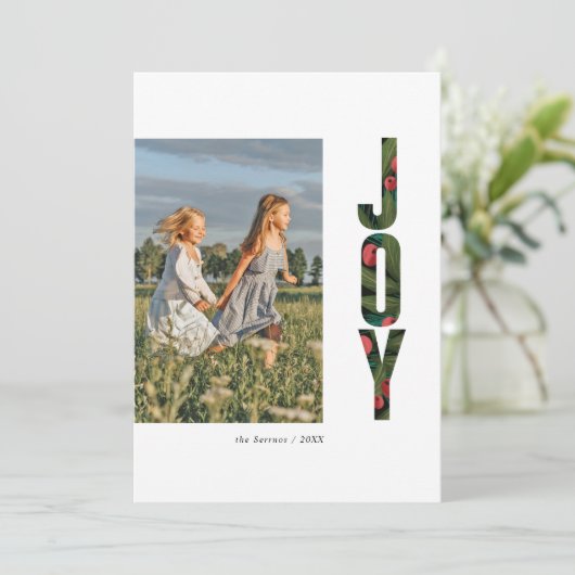 Moderne botanische Joy Red Green Holiday-fotokaart (Staand voorkant)