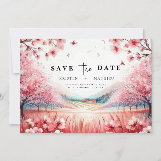 Moderne botanische kersenbloesem bruiloft save the date (Voorkant)